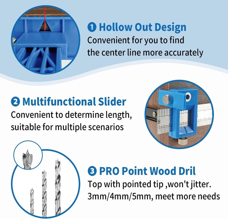 King&Charles Cabinet Hardware Jig, Cabinet Handle Jig with 3pcs Point Wood Drils Bits, Use for Handles Pulls Knobs on Drawers/Doors, Wood Drilling Dowelling Guide Set. - Image 3